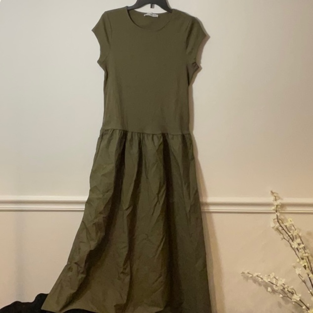 MNG Green A-Line Maxi Dress with Cap Sleeves